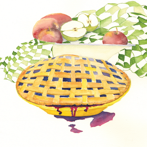 Apple Pie with a white and green gingham cloth in a bowl with red and green apples
