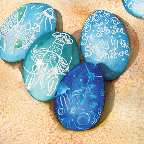 Easter eggs dyed turquoise blue and dark blue  with lobster, fishes, jelly fish and 