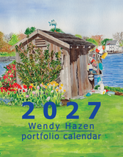 Load image into Gallery viewer, 2027 Wendy Hazen portfolio calendar cover featuring a watercolor-style painting of a wooden shed by the river