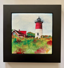 Load image into Gallery viewer, 4.25&quot; X 4.25&quot; is the size of the tile before the frame; with the frame it is 6&quot; X 6&quot;.  The image is the Nauset Lighthouse.