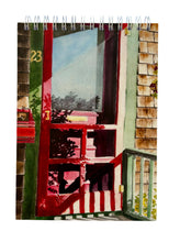 Load image into Gallery viewer, A red screen door with the early morning sun creating great shadows on the door and the green trim surrounding the door.