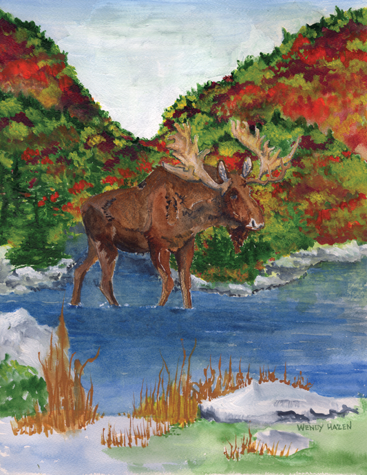 Painting of a moose walking through water with a forest background