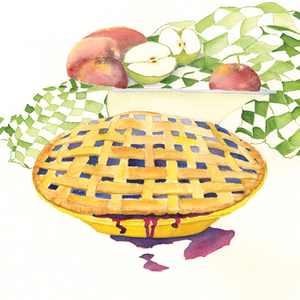 Apple Pie with a white and green gingham cloth in a bowl with red and green apples