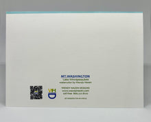 Load image into Gallery viewer, Back of the hand-cut greeting card featuring an illustration of the 'Mt. Washington' steamship on Lake Winnipesaukee with re-order information