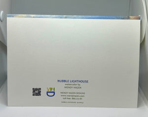 Back of Nubble Lighthouse Card with reordering information plus QR code