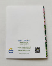 Load image into Gallery viewer, Back of a greeting card with 'Rose Cottage' and 'Wendy Hazen Designs' text, QR code, and contact information.