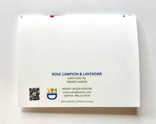 Load image into Gallery viewer, Back of the Rose Campion &amp; Lavendar Card with text and a QR code on a white background for reordering.