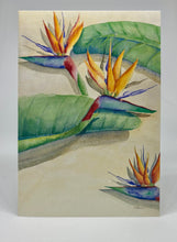 Load image into Gallery viewer, Three Bird of Paradise blossoms on a beige background.