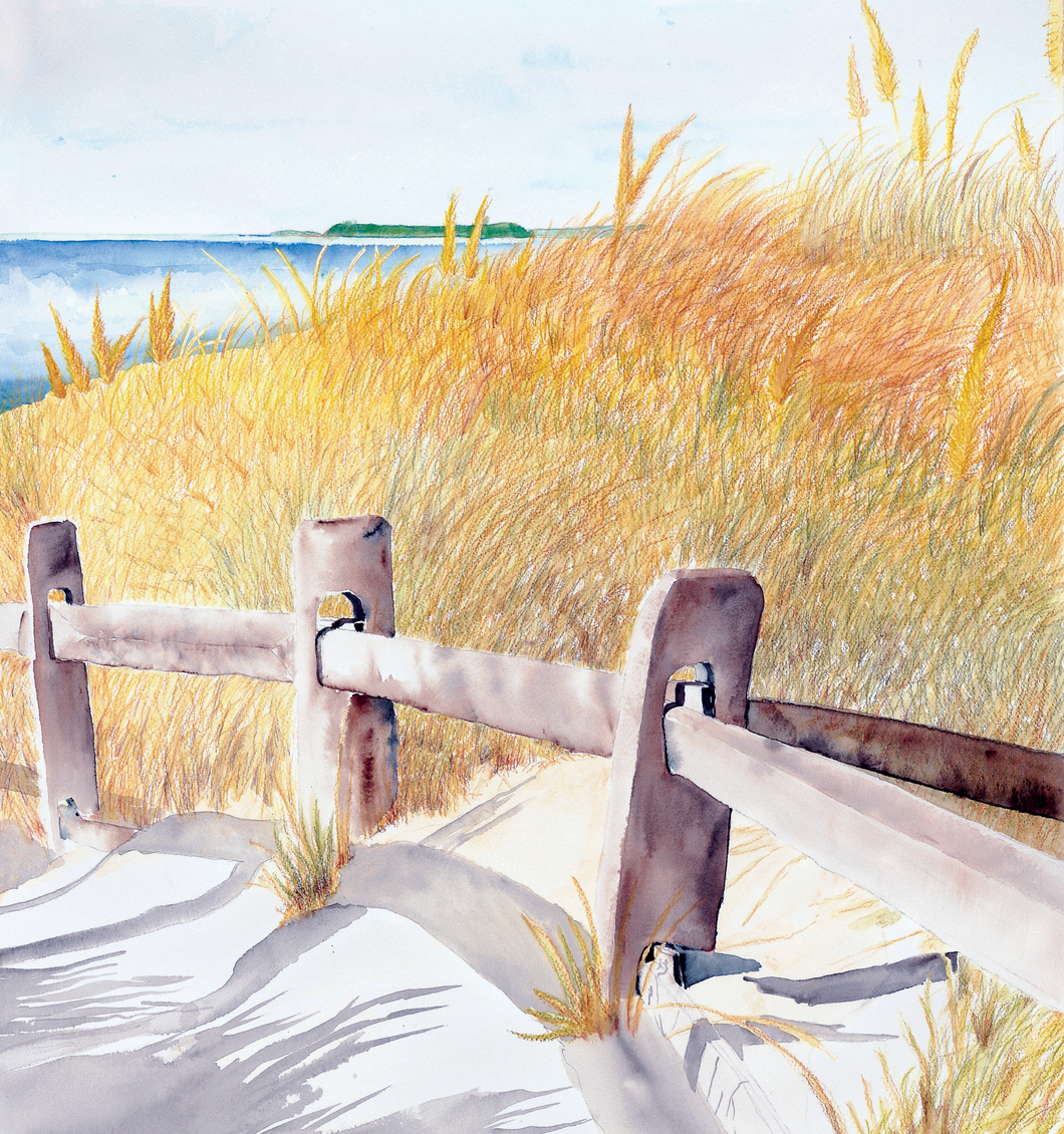 Cosby Lane Beach in Brewster on Cape Cod with the weathered rails, drifting sand and sea grass waving in the breeze