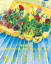 Load image into Gallery viewer, A colorful spring-themed calendar page showing a yellow egg carton filled with flowers and Easter eggs on a blue striped tablecloth, with the month name March and days of the week printed at the bottom.