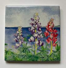 Load image into Gallery viewer, Square tile with a painting of lupine flowers by a body of water on a white background