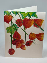 Load image into Gallery viewer, A hand-cut greeting card with a floral design, featuring red and green colors on a beige background, depicting Chinese lantern flowers.