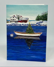 Load image into Gallery viewer, A cove on the coast of Maine with lite Christmas tree in an moored dory with a farmhouse and barn behind on a peninsula looking out to sea.