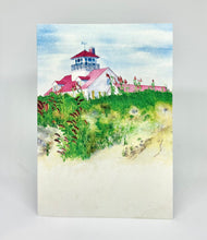 Load image into Gallery viewer, Standing on the beach looking up towards the Coast Guard Beach Lighthouse with sea grass in the forefront and of course the beach.