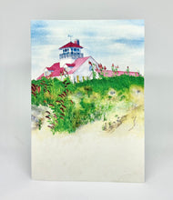 Load image into Gallery viewer, Standing on the beach looking up towards the Coast Guard Beach Lighthouse with sea grass in the forefront and of course the beach.