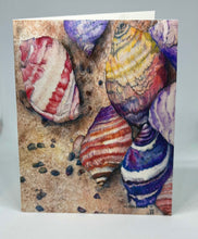 Load image into Gallery viewer, A greeting card featuring a colorful artistic depiction of snails on a coastal background, by Wendy Hazen.