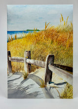 Load image into Gallery viewer, A hand-cut greeting card featuring a watercolor illustration of a beach path with dunes and the ocean in the background.