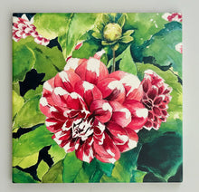 Load image into Gallery viewer, Red and white Dahlia with greenery all about. Simple plain tile; no frame