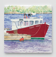 Load image into Gallery viewer, Painting of a red and white boat named 'Early Dawn' on water with trees in the background.