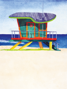 Colorful beach hut on a sandy shore with blue water and sky.