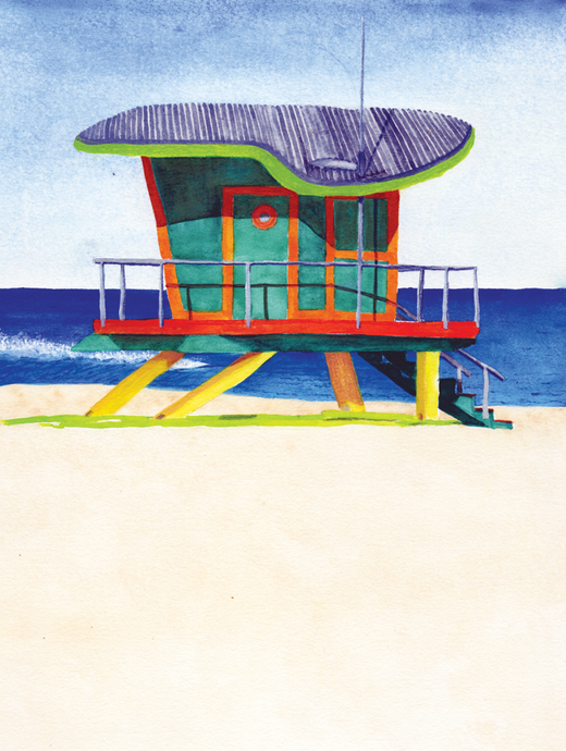 Colorful beach hut on a sandy shore with blue water and sky.