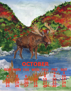 Calendar for October with a moose illustration in a lake and forest setting