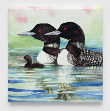 Load image into Gallery viewer, Artistic depiction of two loons and a chick in water with a colorful background