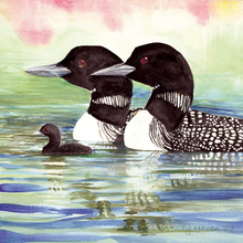 Load image into Gallery viewer, A family of Loons gliding along in tranuil waters