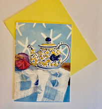 Load image into Gallery viewer, the Favorite Teapot hand cut card with a yellow envelope.
