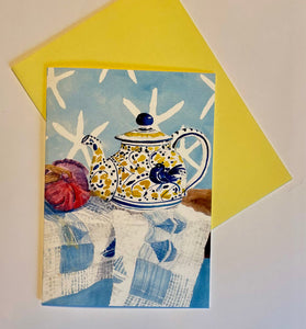 the Favorite Teapot hand cut card with a yellow envelope.