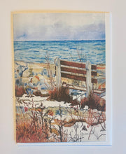 Load image into Gallery viewer, Front of the Sea Change card with the park bench starring out to sea at the beginning of January