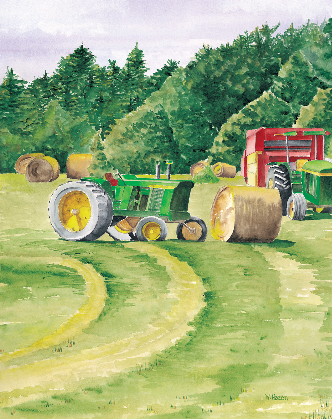 A hay field with bales of hay being gathered by two green Farmall tractors  with a red  bale maker  sitting in the field during a lunch break