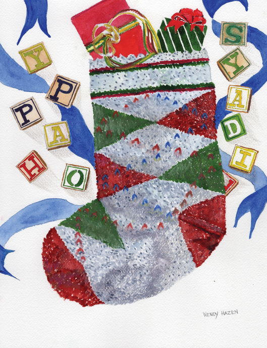 A red, green and gray argyle Christmas stocking with several small presents hanging out the top.  Plus, there are the antique wooden blocks spelling out 'Happy Holidays.'