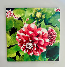 Load image into Gallery viewer, Red and white Dahlia with greenery all about. Simple plain tile; no frame