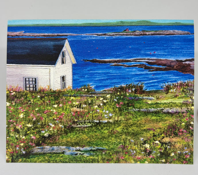 A view of the coast of Maine from the Isle of Shoals Hand cut Note Card.  Folded horizontally.