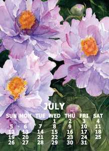 A calendar with 3 blooming peonies and one bud.