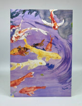 Load image into Gallery viewer, red, orange, yellow and tiger koi swimming about in a koi pond creating their own swirl of water