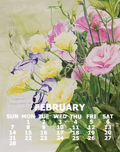 Load image into Gallery viewer, A February calendar page featuring a watercolor floral design with pink, yellow, and purple flowers on a light green background. The days of the week are listed in a grid at the bottom with the month name FEBRUARY in large white text.