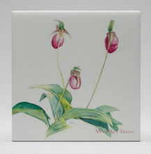 Load image into Gallery viewer, Square ceramic tile with pink orchid design on a green and white checkered background
