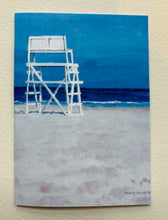 Load image into Gallery viewer, A greeting card featuring a watercolor painting of a lifeguard stand on a beach with the ocean in the background.
