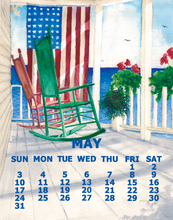 Load image into Gallery viewer, Boathouse porch with a view to the sea.  Two rocking chairs, one red, one green.  Plus, there are geraniums perched on the top railing.  And of course, the seagulls gliding on the wind currents.
