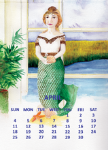 Load image into Gallery viewer, A watercolor-style April calendar page featuring a storm sky with a mermaid standing by a window, with the days of the week and dates printed below in blue text.