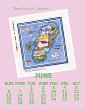 Load image into Gallery viewer, A needlepoint canvas designed by Wendy Hazen for June featuring an illustrated map of Monhegan Island with boats, buildings. The image includes a light pink background, lime green text reading 'Needlepoint Season.