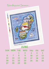 Load image into Gallery viewer, A pink promotional graphic for a June needlepoint calendar page featuring an illustrated map of Monhegan Island with boats, buildings, and green text reading 'Needpoint Season.