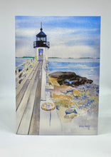 Load image into Gallery viewer, A hand-cut greeting card featuring a watercolor illustration of Marshall Pt. Lighthouse in Maine, with a clear focus on the lighthouse and surrounding coastal scene.