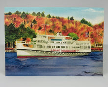 Load image into Gallery viewer, A hand-cut greeting card featuring an illustration of the 'Mt. Washington' steamship on Lake Winnipesaukee with a colorful autumnal backdrop.