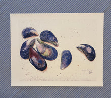 Load image into Gallery viewer, Illustration of mussels on scattered on the beach.  The Blue &amp; White striped tablecloth for the matting (matting unavailable)