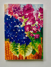 Load image into Gallery viewer, Painting of a basket with blue and pink flowers on a blue gray background