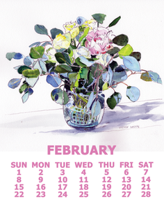 Calendar for February with a vase of roses and eucalyptus on a white background