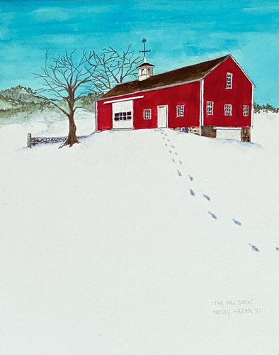 Red barn on the hill with snow all around and footsteps in the snow, bare trees